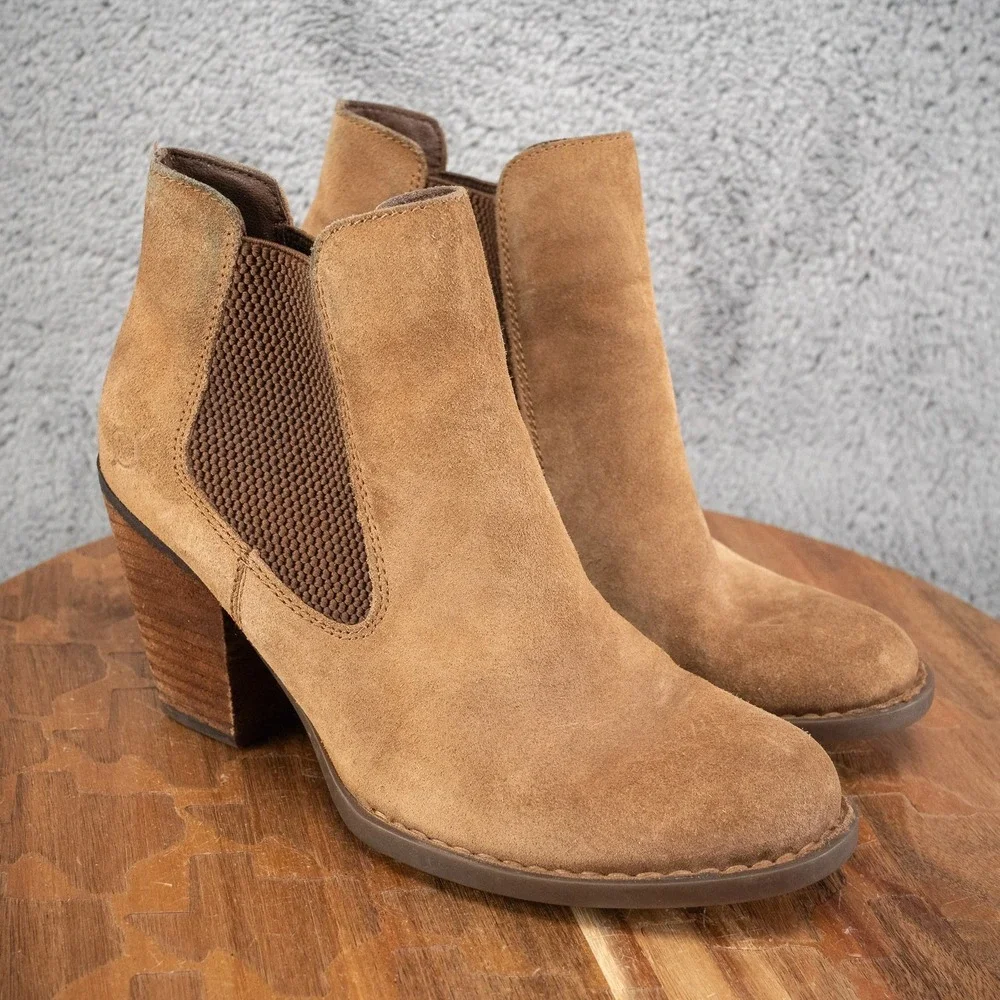 Born Boots Women's 7 M Brown Chelsea Ankle Booties Stacked Block Heel Suede